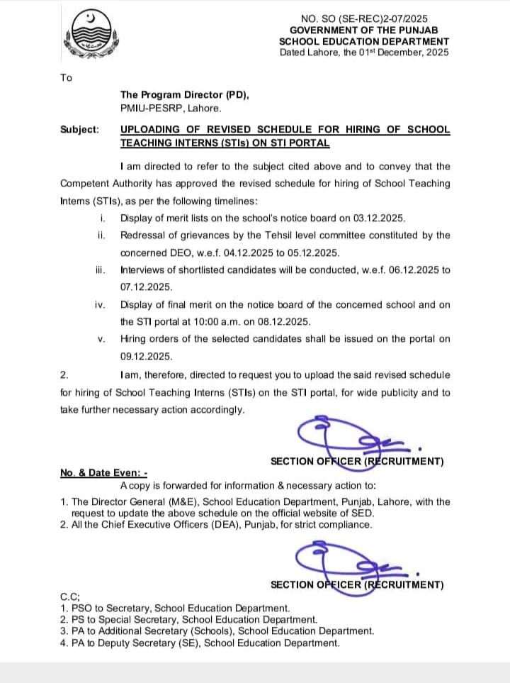 Revised Schedule School Teaching Interns (STIs)